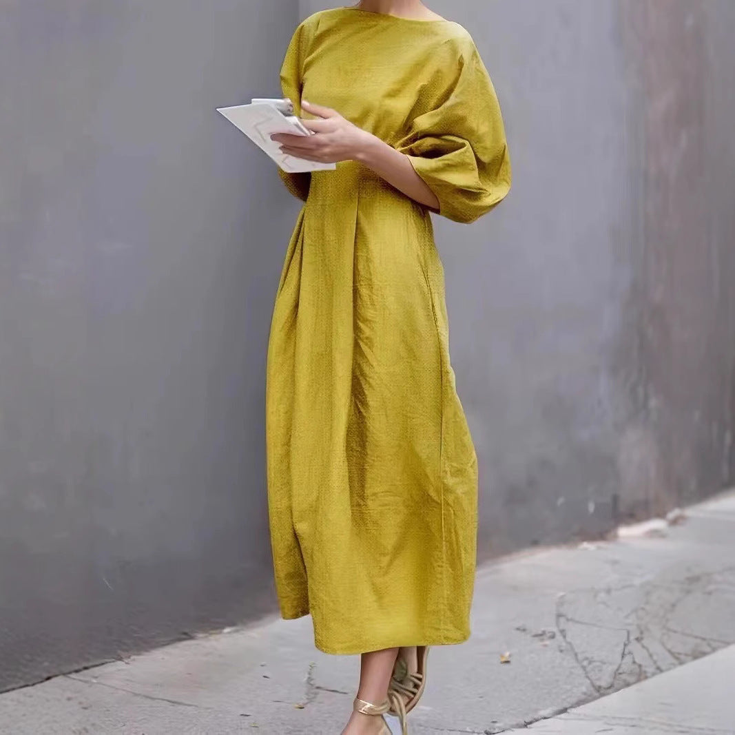 Dress woman – long dress – loose fit – puff sleeves – round neck – breathable fabric