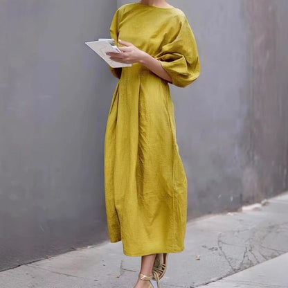 Dress woman – long dress – loose fit – puff sleeves – round neck – breathable fabric