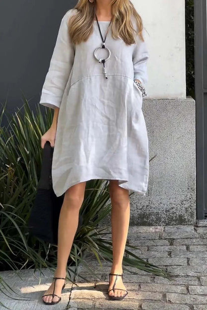Dress woman – Loose fit – Linen and cotton – 3/4 sleeve – Knee-length – With pockets