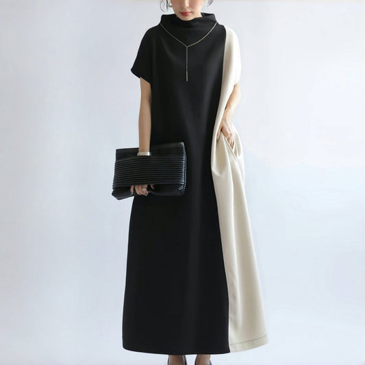 Dress for Women – Midi – Loose Fit – Half-High Neck – Batwing Sleeves – Two-Tone Panel Design