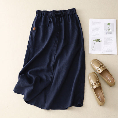 Women's A-line Skirt – Natural Material – Midi Length – Elastic and Tie – Pockets