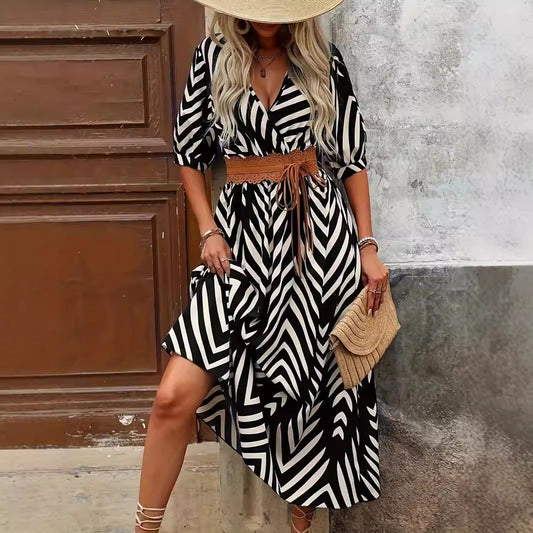 Dress for Women – Midi Length – A-line Fit – Wrap V-neck – Puff Sleeves – Belt at Waist