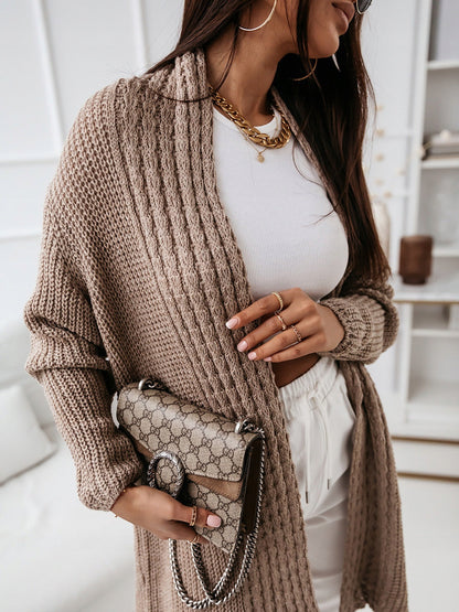 Women's Long Cardigan – Wool Knit – Relaxed Fit – Open Front – Ribbed Structure