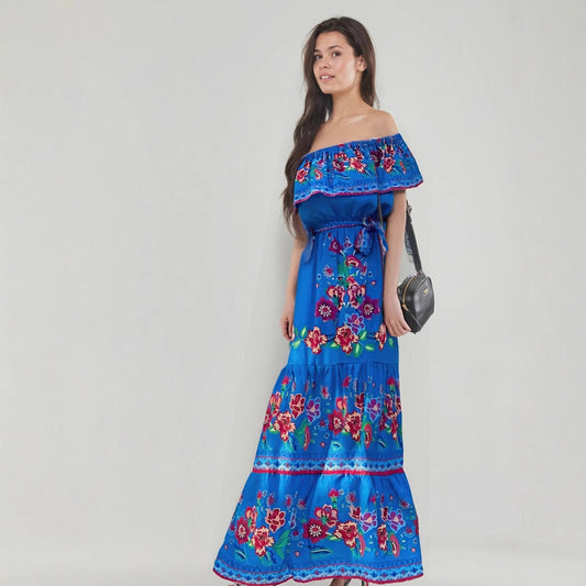Dress for Women – Off-Shoulder Maxi – Floral Print – Ruffled Bodice – Tiered Skirt