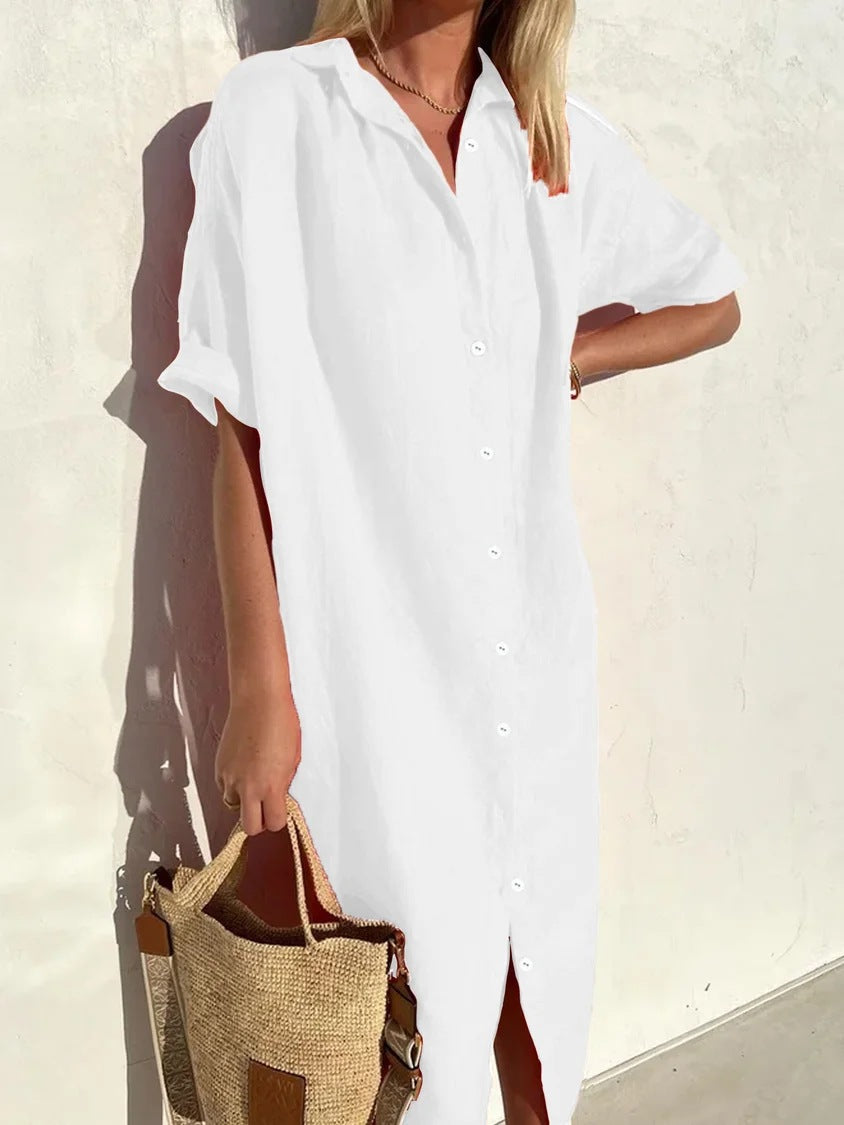 Women's Shirt Dress – Cotton Linen Blend – Relaxed Fit – Knee Length – Short Sleeved