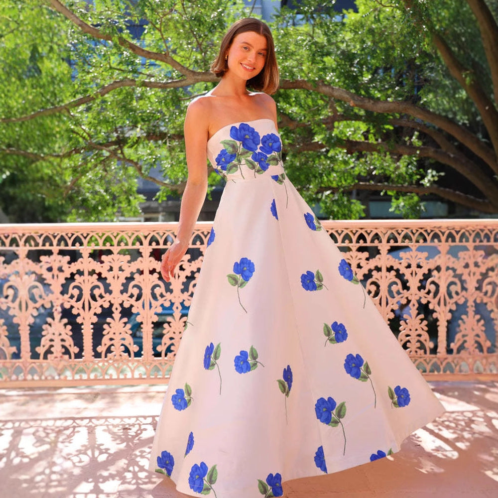 Dress for Women – Satin Evening Dress – Figure-Hugging Fit – Strapless with Floral Pattern – Floor-Length Elegance