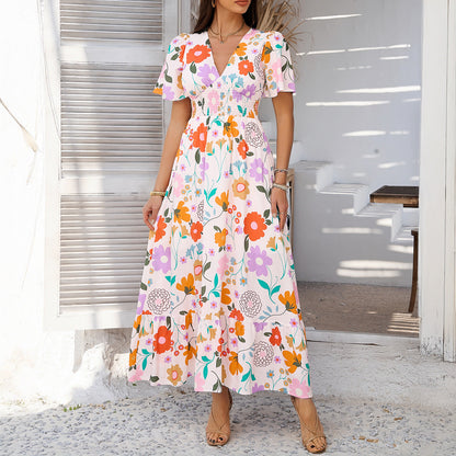 Dress for Women – Maxi Length – Loose Fit – Light Cotton – V-Neck – Short Sleeves