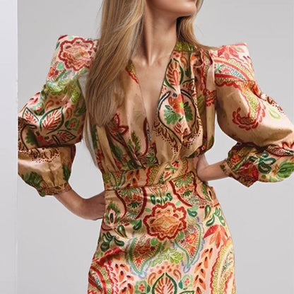 Dress for Women – A-line – V-neck – Long Sleeves – Elegant Paisley Pattern