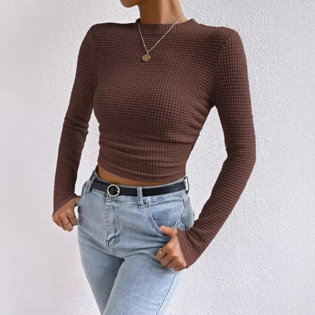 Women's Long Sleeve T-Shirt – Slim Fit – Soft Textured Knit – Ruched Waist – Short Model