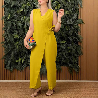 Women's Jumpsuit – V-neck Wrap – Tie Belt – Sleeveless – Wide Leg – Comfortable Fit