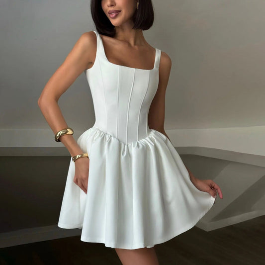 Dress for Women – Satin Mini Dress – Slim Fit – Sleeveless – Fishnet Lacing – Square Neckline