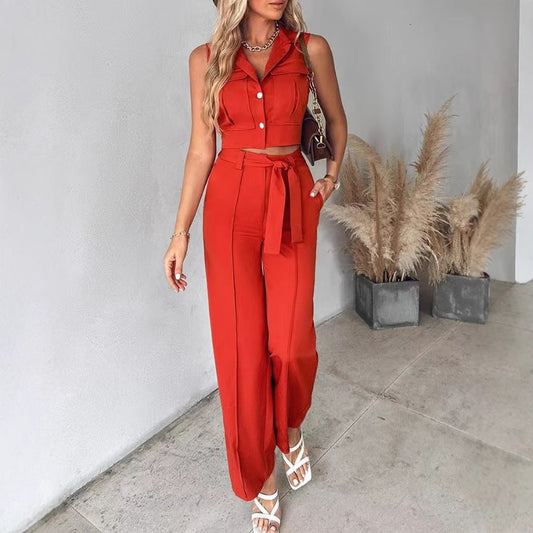 Women's Set with Sleeveless Crop Top – High Waist – Wide Pants – Belted Fit
