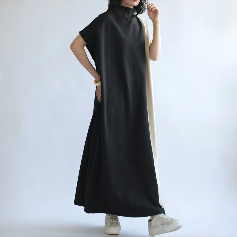Dress for Women – Midi – Loose Fit – Half-High Neck – Batwing Sleeves – Two-Tone Panel Design