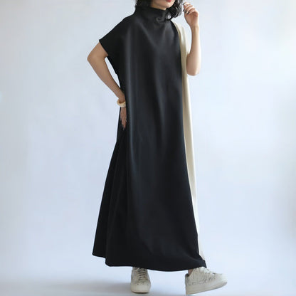 Dress for Women – Midi – Loose Fit – Half-High Neck – Batwing Sleeves – Two-Tone Panel Design