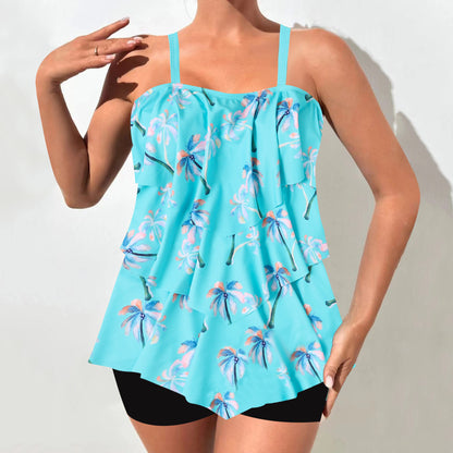 Women's Tankini Set – Relaxed Fit – Ruffle Top – Adjustable Straps – Swim Shorts