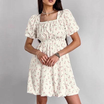 Women's Dress A-line – Short Length – Puff Sleeves – Floral Print – Square Neckline
