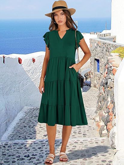 Women's Midi Dress – V-Neck – Short Sleeved with Ruffles – Loose Fit – Ruffled Skirt