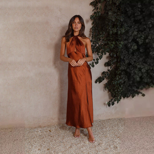 Dress for Women – Satin – Halterneck – Fitted Waist – Front Slits – Full Length