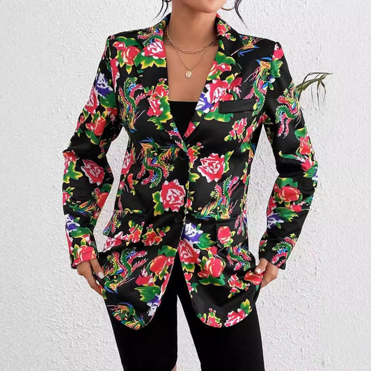 Women's Blazer – Slim Fit – Tailored Cut – Floral Print – Soft Glossy Fabric