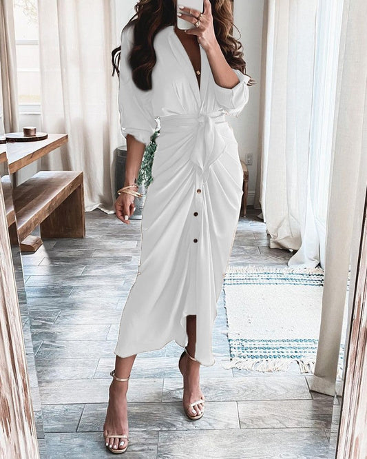 Women's Maxi Dress – V-Neck – Front Buttons – Tie Belt – Long Sleeves – Cotton Blend