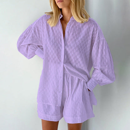 Women's set with blouse and shorts – Jacquard fabric – Relaxed fit – Puff sleeves