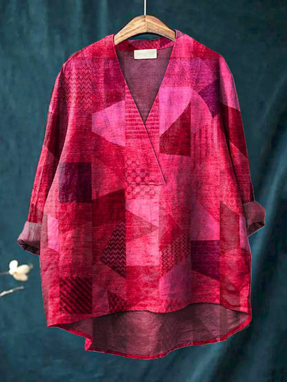 Women's Shirt with Long Sleeves – Relaxed Fit – V-neck – Breathable Fabric – Digital Pattern