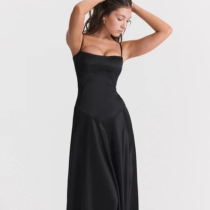Dress for Women – Satin – Figure-Hugging Fit – Spaghetti Straps – Open Back – Floor-Length