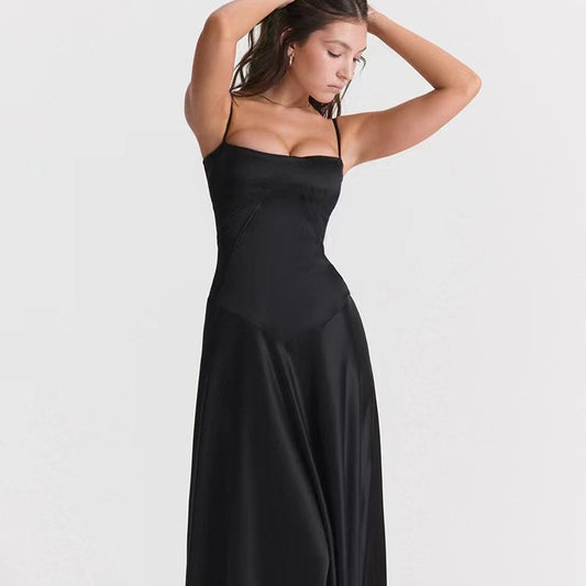 Dress for Women – Satin – Figure-Hugging Fit – Spaghetti Straps – Open Back – Floor-Length