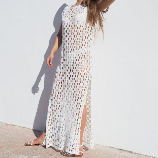 Dress for Women – Maxi Length – Crocheted Fabric – Relaxed Fit – Sleeveless – Slit