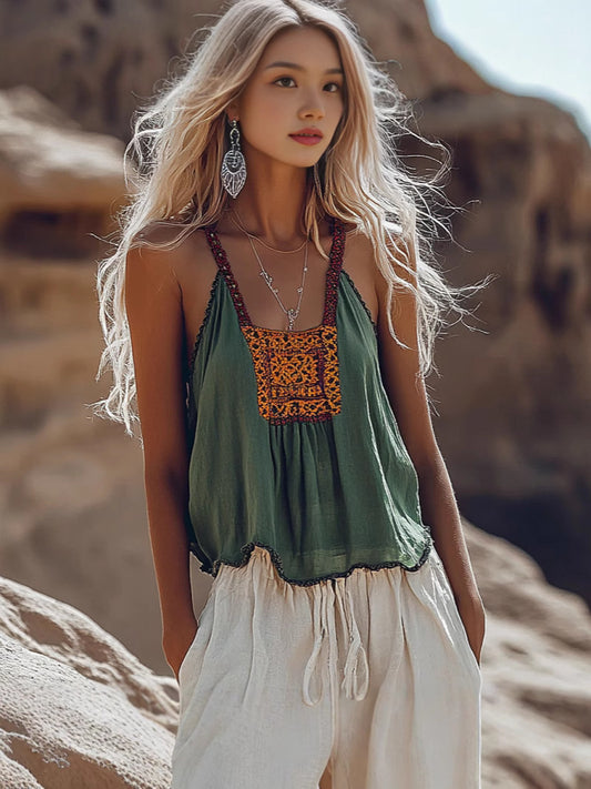 Women's Bohemian Tank Top - Embroidered Details - Relaxed Fit