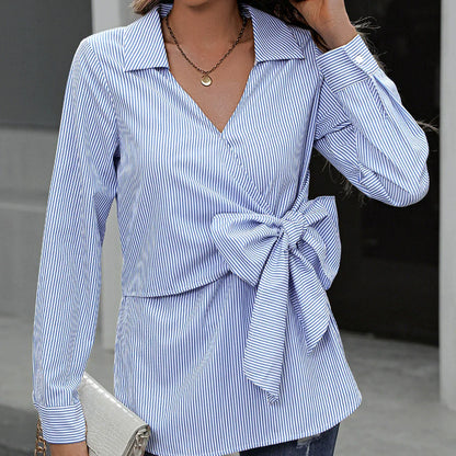 Women's Shirt with Long Sleeves – Slim Fit – Tie Detail at Waist – Stripe Pattern – Cotton Blend