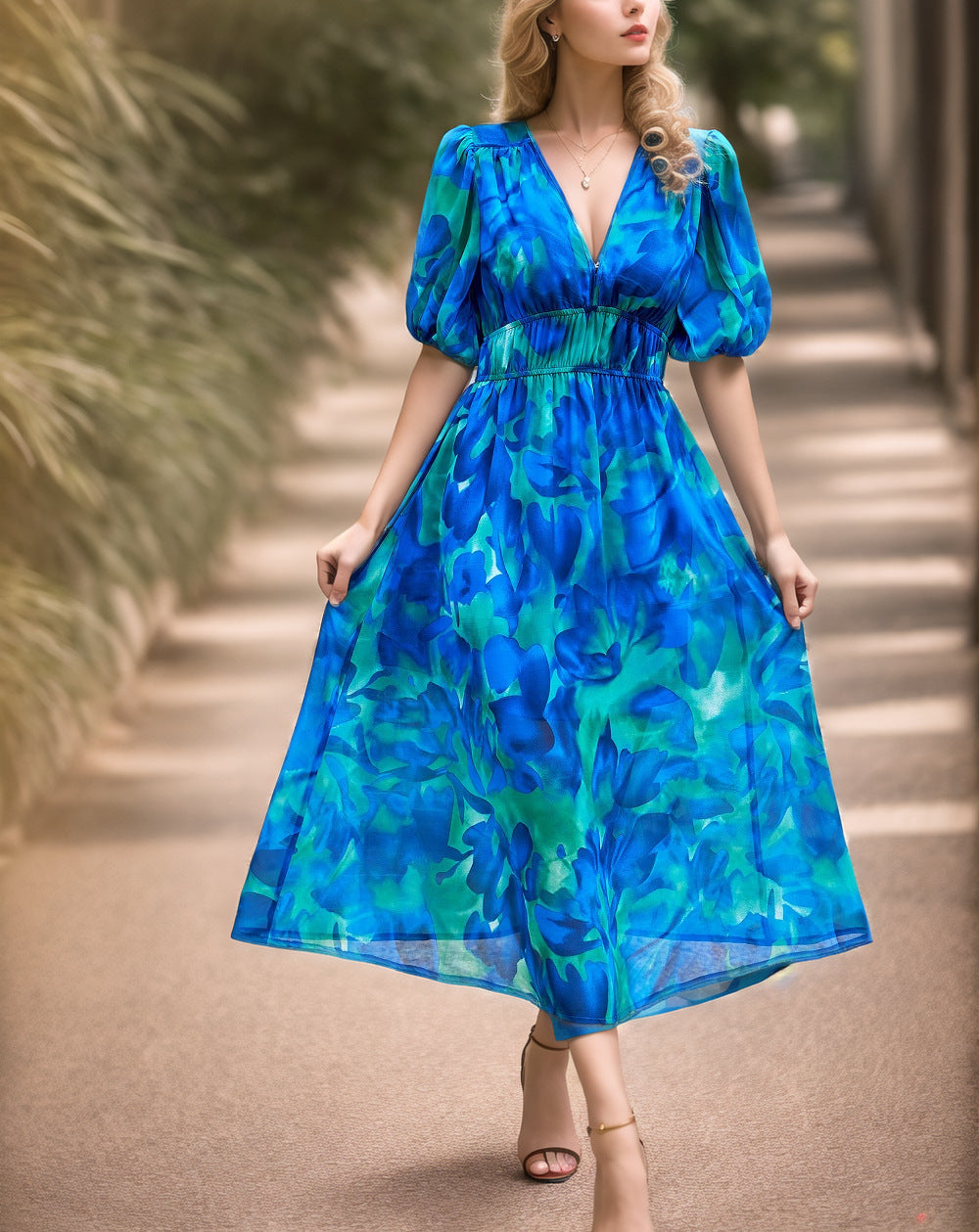 Dress women midi – fitted waist – V-neck – puff sleeves – breathable fabric – print