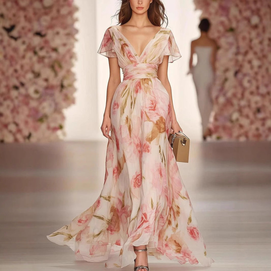 Dress woman – Maxi – Fitted flared – Deep v-neckline – Floral chiffon