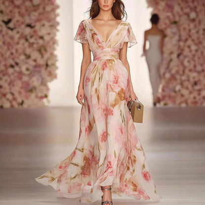 Dress woman – Maxi – Fitted flared – Deep v-neckline – Floral chiffon