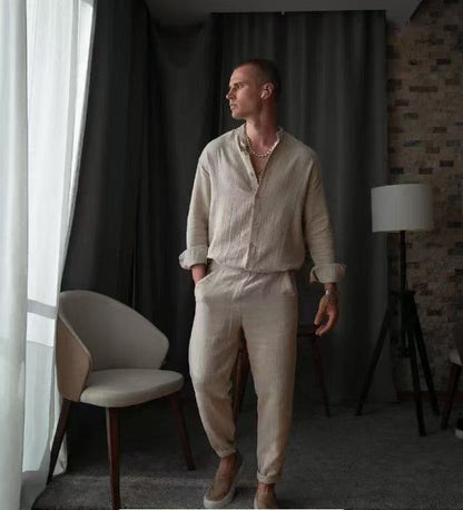 Men's Set – Linen Blend – Relaxed Fit – Button-Up Shirt and Slim Pants