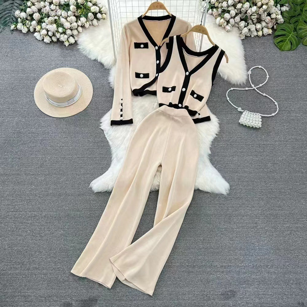 Women's Knitted Set – High Waist Wide Pants – Sleeveless Top – Short Cardigan