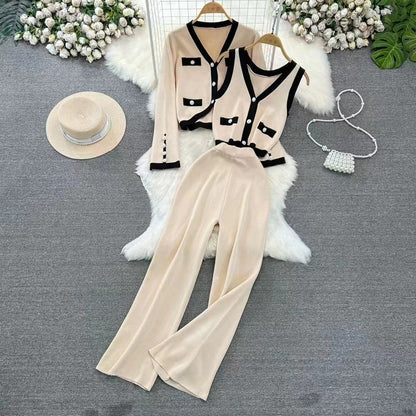Women's Knitted Set – High Waist Wide Pants – Sleeveless Top – Short Cardigan