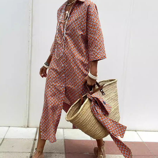 Women's Shirt Dress – Relaxed Fit – Geometric Pattern – Knee-Length – Button Front