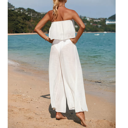 Women's two-piece set – strapless top – wide pants – lightweight breathable fabric