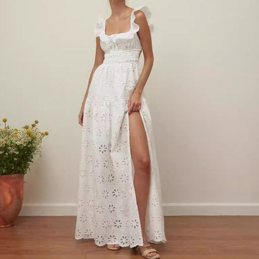 Dress woman – Sleeveless full length – Cotton embroidery – Ruffle straps – Square neckline – High slit