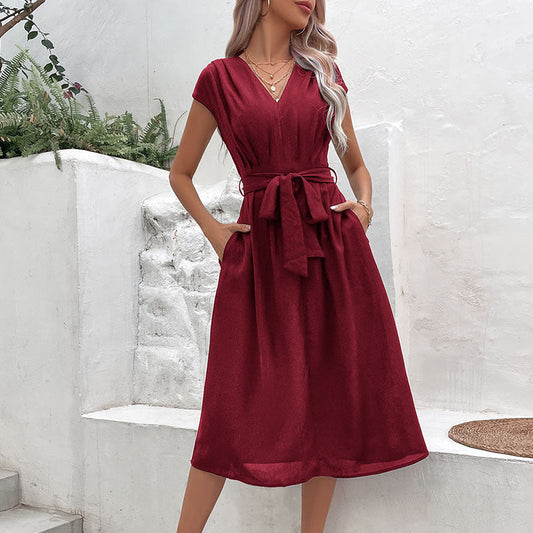 Dress for Women – A-line Fit – V-neckline – Tie Belt – Midi – With Pockets
