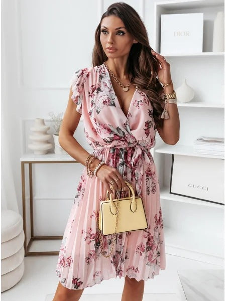 Women's Dress – V-Neck Wrap Model – Ruffled Sleeves – Floral Print – Waistband