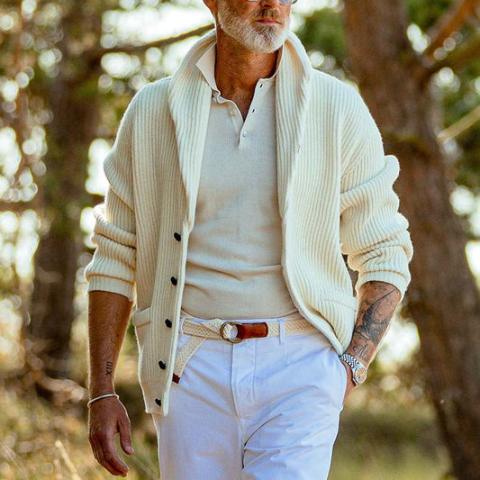 Men's Cardigan – Wool Knit – Relaxed Fit – Wrap Collar – Button Front – Ribbed Edges