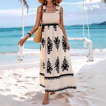 Women's Maxi Dress – Cotton – Loose Fit – Bohemian Pattern – Straps with Ruffles
