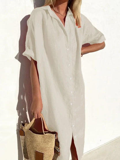 Women's Shirt Dress – Cotton Linen Blend – Relaxed Fit – Knee Length – Short Sleeved