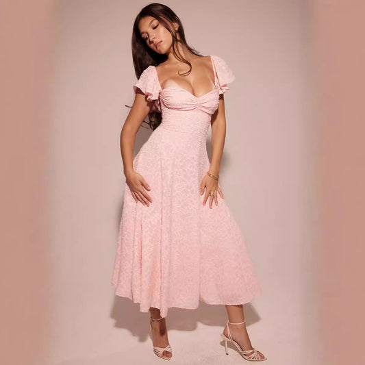 Dress woman midi – Jacquard fabric – A-line – Square neckline – Ruffle sleeves