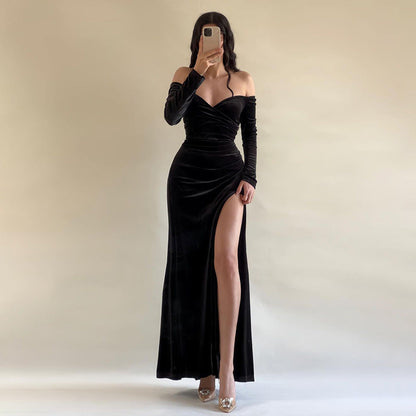 Dress for Women – Long Velvet Dress – Off Shoulder – Cross Detail – High Slit