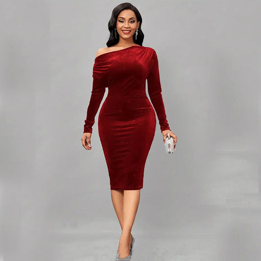 Dress for Women – Wrap Design – Velvet Texture – Asymmetric Neckline – Slim Fit