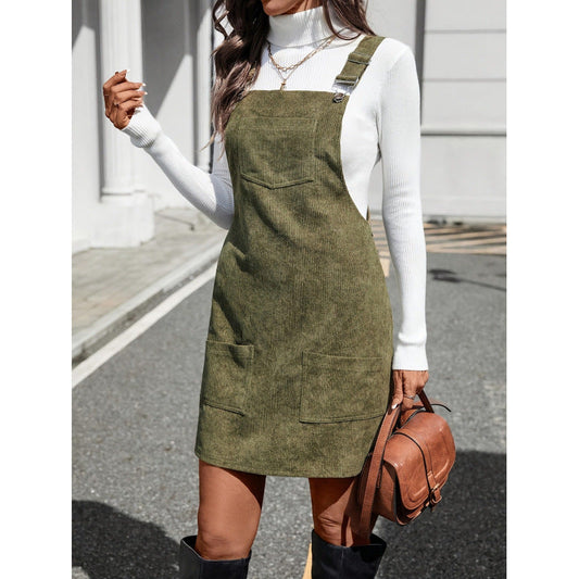 Dress for Women – Pinafore Style – Slim Fit – Corduroy – Buckles – Front Pockets