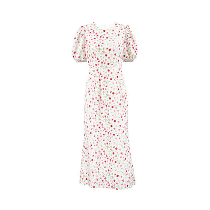 Dress woman – Slim fit – Puff sleeves – High waist – Floral midi with mermaid cut